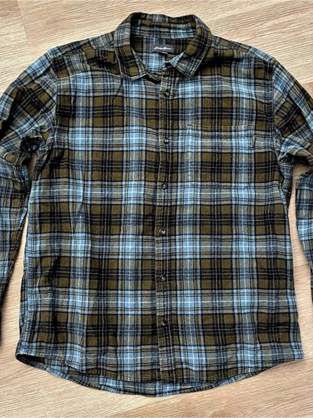 Eddie Bauer Bristol Flannel Shirt Mens Large Blue Olive Plaid Long Sleeve Button